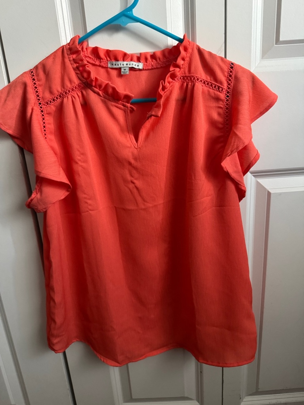 Haute Monde Coral Ruffle Sleeve Blouse with Eyelet Detail